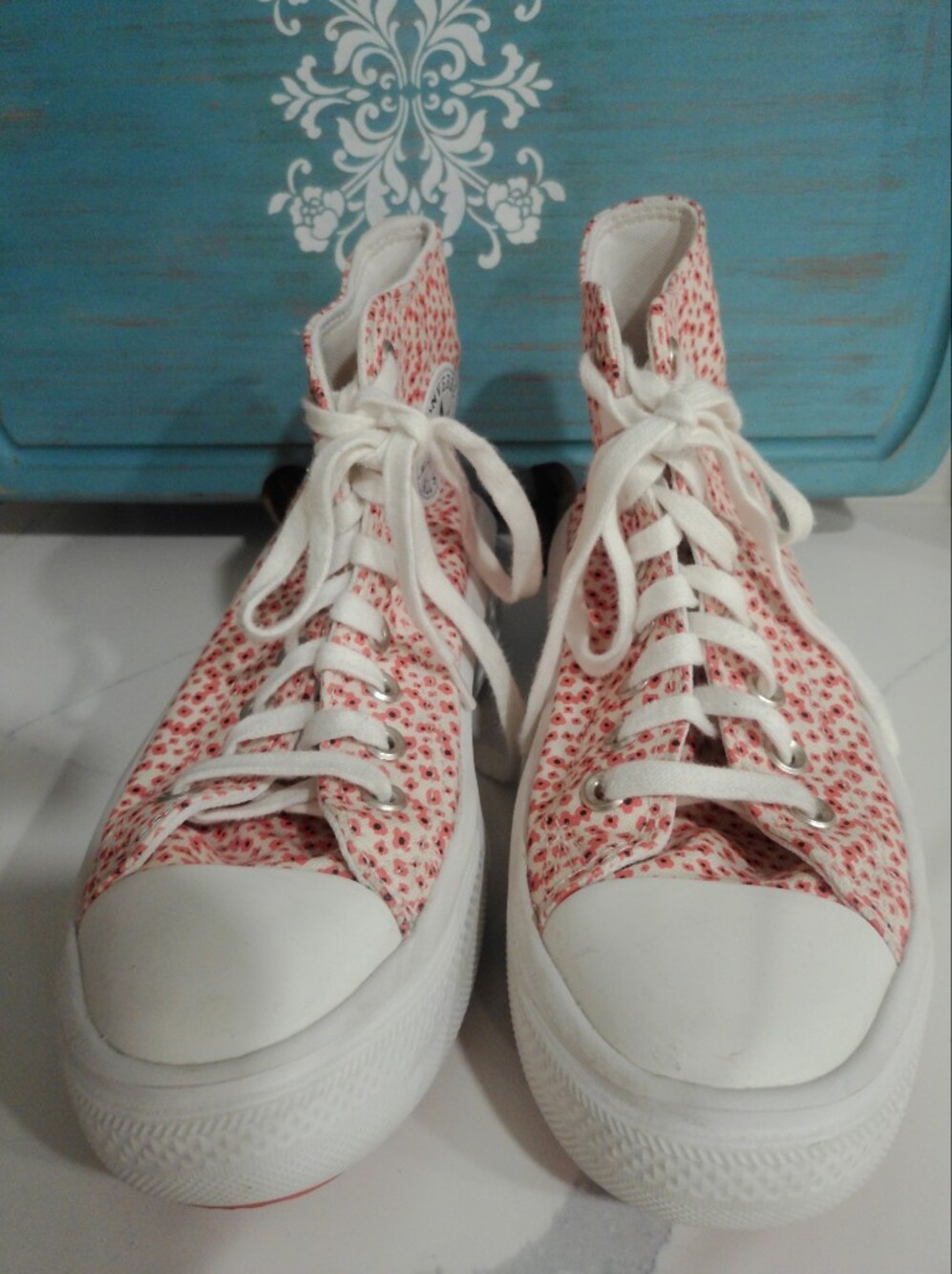 High-Top Floral Canvas Sneakers in White and Pink